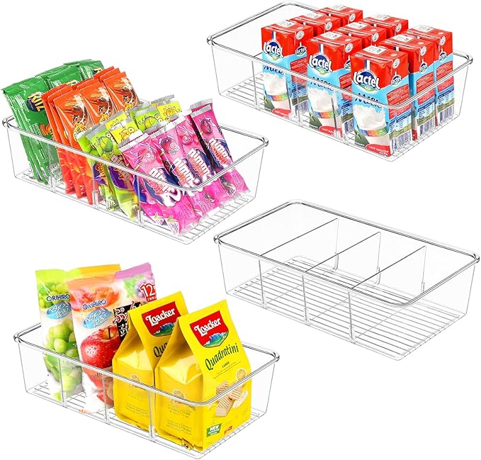 Snack Organizer for Pantry Shelf, 4 Pack Clear Plastic Pantry Storage Bins with 3 Dividers for Snacks, Spices, Chips Food Organizer, Stackable Pantry Organizers for Kitchen, Fridge, Cabinet