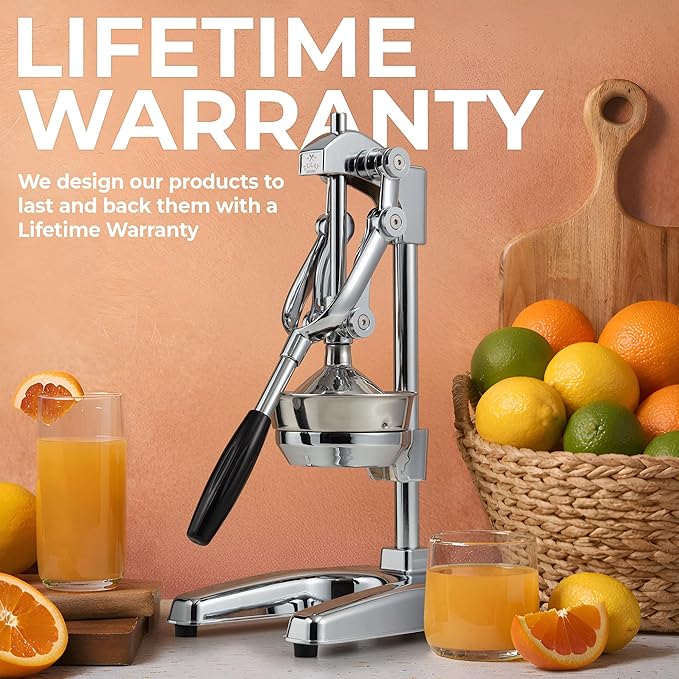 Zulay Kitchen Professional Citrus Juicer - Chrome Finish Manual Citrus Press and Orange Squeezer - Metal Lemon Squeezer - Extra Tall Heavy Duty Manual Orange Juicer and Lime Squeezer Press Stand