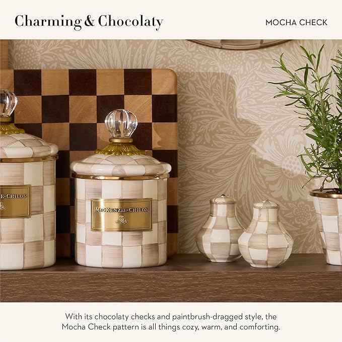 MACKENZIE-CHILDS Enamel Salt and Pepper Shakers, Kitchen Table Spice Shaker Set, Brown-and-White Mocha Check, Small