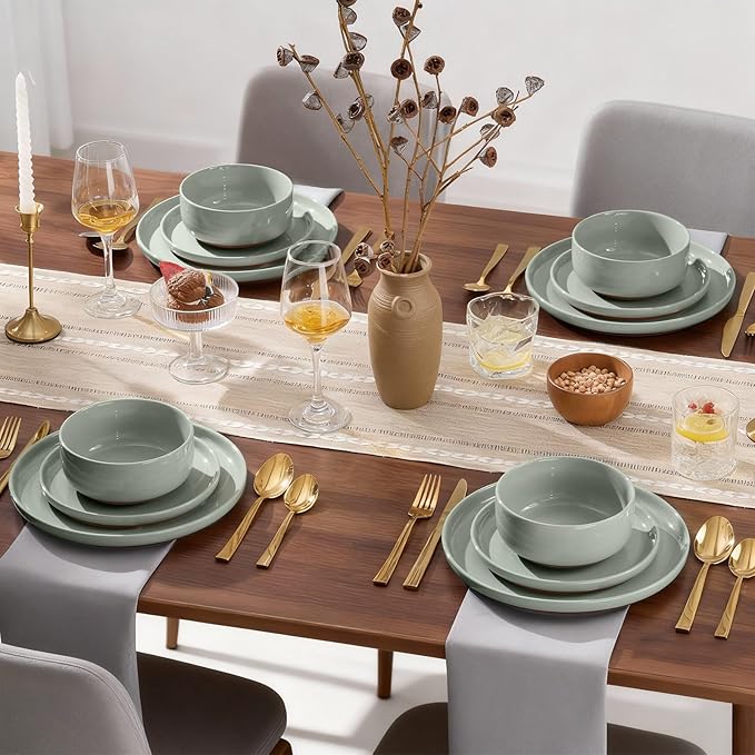 E-far 18-Piece Stoneware Dinnerware Sets, Plates and Bowls Sets for 6, Ceramic Dishware Dishes Set with Terracotta Base, Chip & Scratch Resistant, Microwave & Dishwasher Safe, Speckled Green