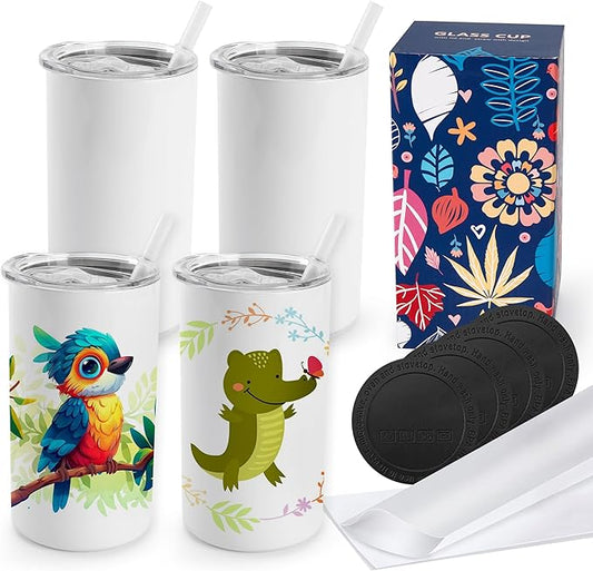 Joyclub 4 Pack 12 oz Sublimation Tumblers Stainless Steel Skinny Straight Sublimation Tumbler with Lid and Straw Ideal for DIY Gifts, Tea, Coffee, Wine