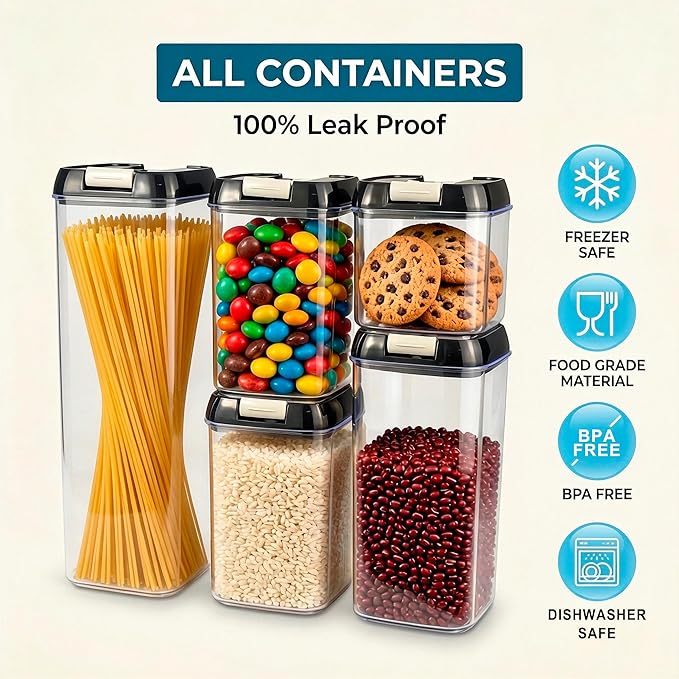 OMIO Airtight Food Storage Containers 7 Pcs, BPA-Free Kitchen Canisters with Intrusive Seal Lids & Silicone Gasket for Cereal, Flour, Pasta - Leak Proof, Stackable Pantry Organizers