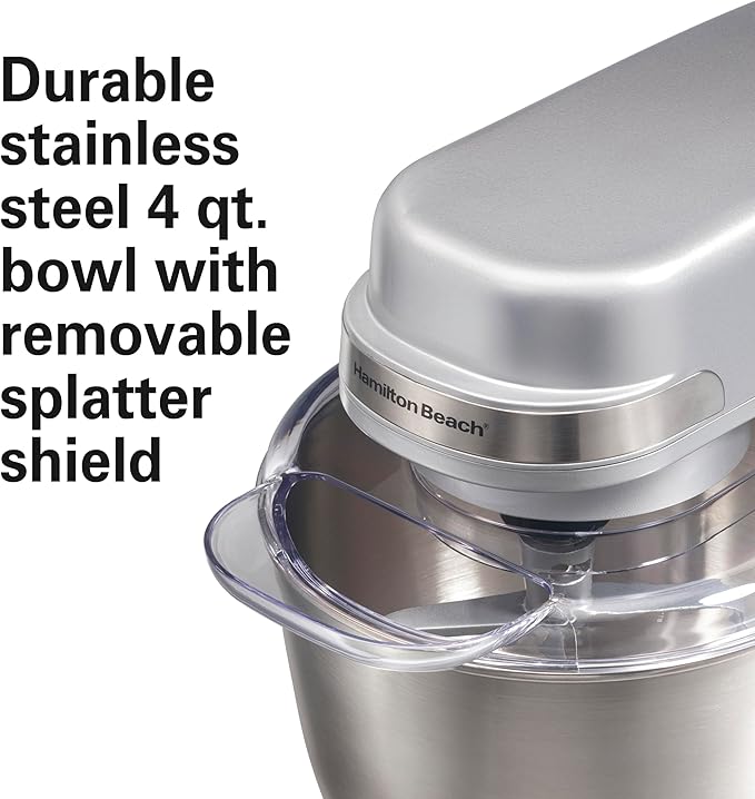 Hamilton Beach Electric Stand Mixer, 4 Quarts, Dough Hook, Flat Beater Attachments, Splash Guard 7 Speeds with Whisk, Silver