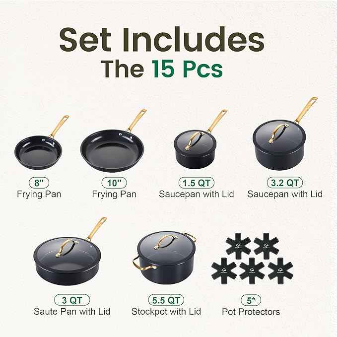 Chef Power Ceramic Cookware Sets, 15Pcs Pots and Pans Set Non Stick, Cookware Set with Stainless Steel Handle, Dishwasher & Oven Safe, Stone Black and Light Gold Handle