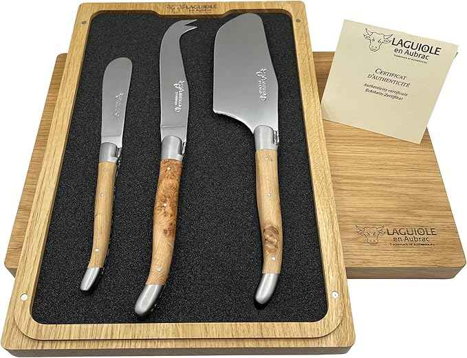 Laguiole en Aubrac Luxury Fully Forged 3-Piece Cheese Knife Set With Juniper Wood Handles