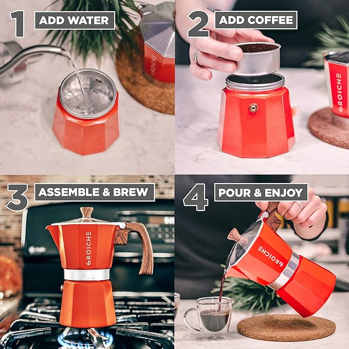 GROSCHE Milano Stovetop Espresso Maker Moka Pot 9 espresso Cup, 15.2 oz, Red - Cuban Coffee Maker Stove top coffee maker Moka Italian espresso greca coffee maker brewer percolator