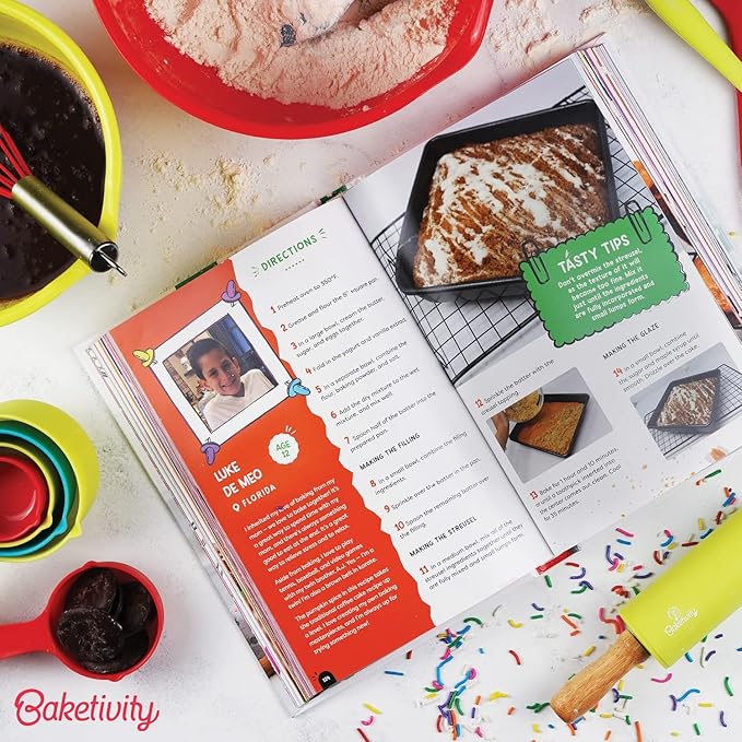 Baketivity 31 Pcs Kids Baking Set and Bake Away Kids Baking Cookbook Bundle | Kids Safe Nylon Knife and Real Baking Utensils Set | Best Little Baker Baking Book with Pictures and Cooking Tools Gift