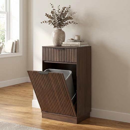 10 Gallon Tilt Out Trash Can Cabinet –Wooden Hidden Trash Can Cabinet,Pet Proof Garbage Recycling Cabinet with Storage for Kitchen Bathroom Living Room Walnut