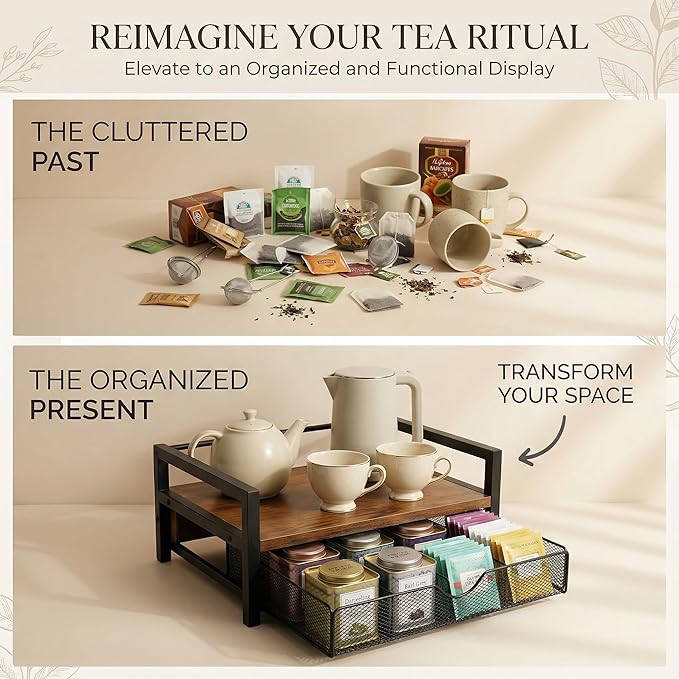 Wood Tea Bag Organizer and Storage Chest | Rustic Brown Tea Station with Drawer & 8 Compartments | Countertop Kitchen Display Box