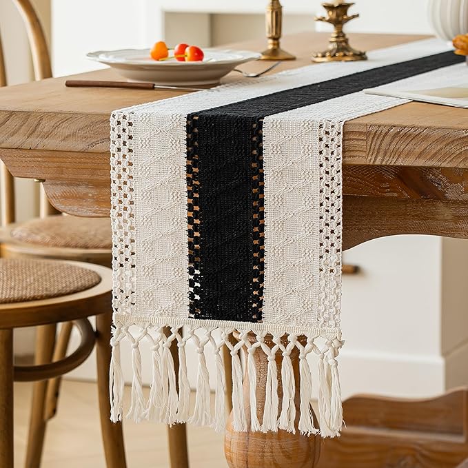 FEXIA Boho Table Runner for Home Decor with Tassels 108 Inches Long,Black Farmhouse Rustic Table Runner Macrame Burlap Table Decoration for Living Room Bridal Shower(12x108 Inches)