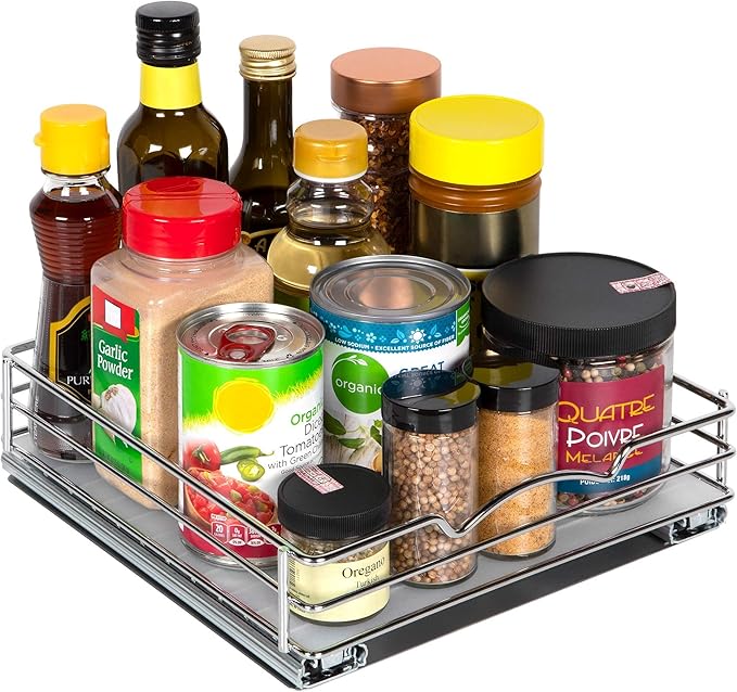 Pull-Out Cabinet Spice Rack Organizer - Slim Slide-Out Storage for Spices, Bottles & Jars, Premium Heavy-Duty Steel, Easy Install for Narrow Kitchen Cabinets - 10 ⅜ W x 10 ⅜ D x 2 ¾ H, Chrome