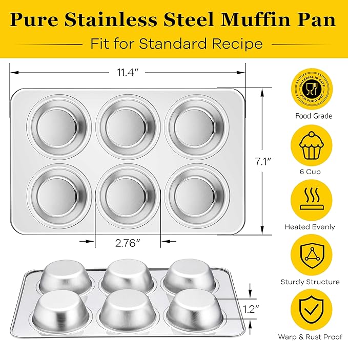 Homikit 1 Pack Muffin Pan, Stainless Steel Cupcake Tin with 6 Cups Regular Size, Thick Metal Egg Bites Bakeware for Oven Baking, Rust Free & Non Toxic, Also Be Snack Tray for Kids, Dishwasher Safe