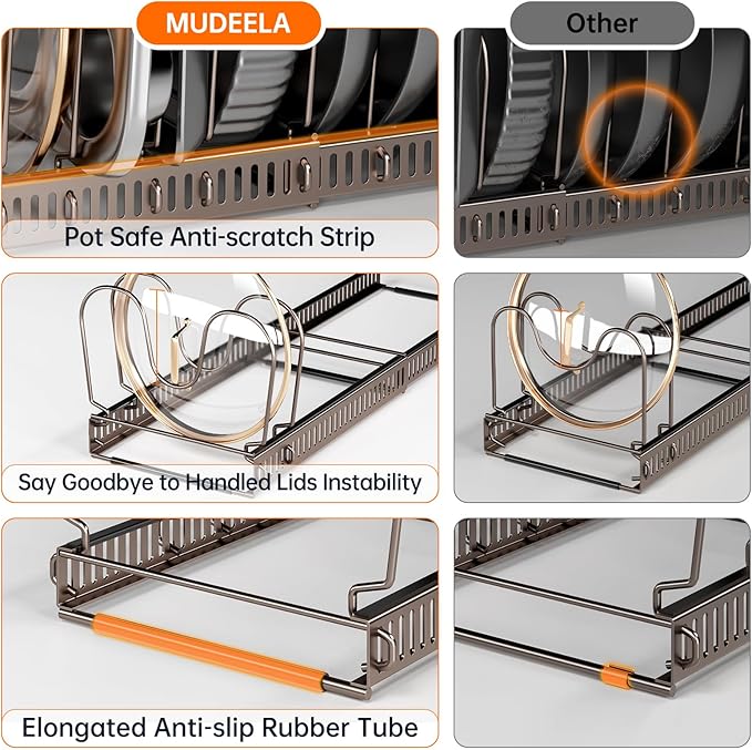 MUDEELA Pots and Pans Organizer under Cabinet, Expandable Pan Lids Organizers inside Cabinet with 12 Adjustable Dividers, Kitchen Storage Organization Pot Holder Cookie Sheet, Cutting Board Organizer