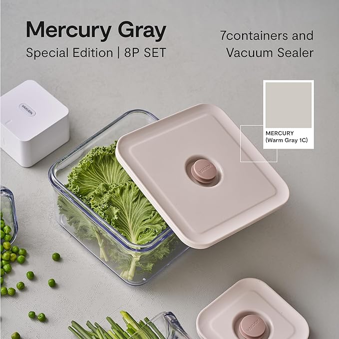 VAKUEN Premium Airtight Food Storage Container. Special Edition Mercury Color 8P/Set. 7pcs Container and Vacuum Sealer. Patented Double Silicone Lining, 100% Leak Proof, BPA-FREE