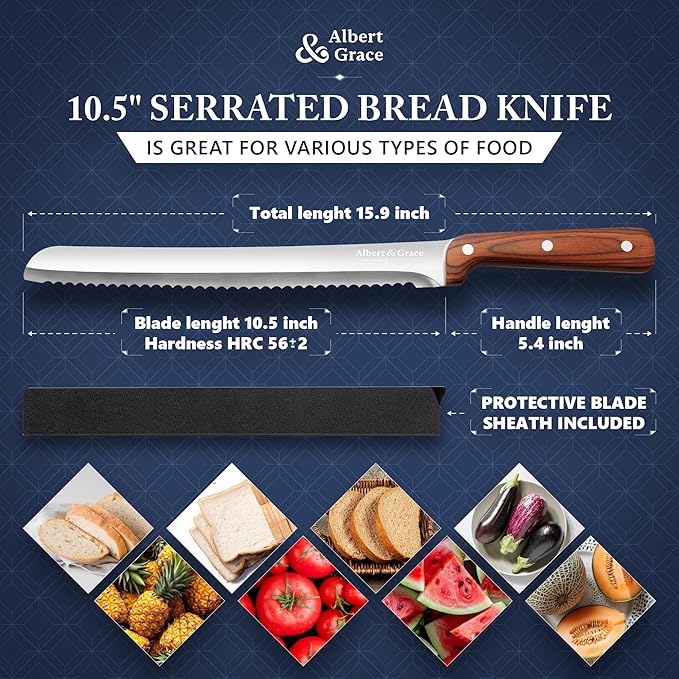 Albert&Grace 10.5-Inch Serrated Bread Knife with Full-Length Sheath – Ultra Sharp, Low-Crumb Slicing for Sourdough, Homemade Bread & Bagels