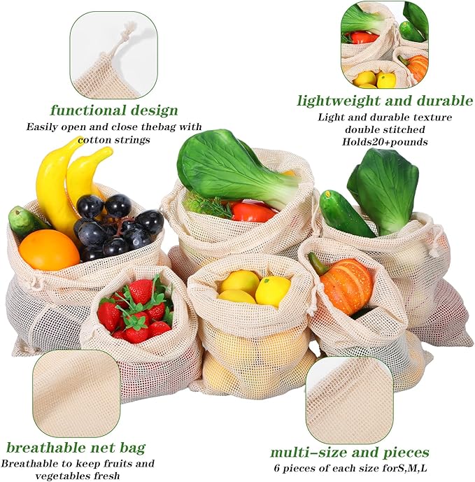 18 Pack Reusable Produce Bags Reusable Washable - Vegetable Grocery Cotton Mesh Bags for Farmers Market, Beach, and Refrigerator Storage Vegetables (6xS, 6xM, 6xL)