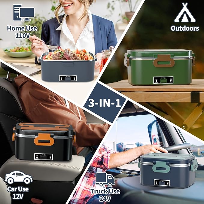 IFENROL Electric Heated Lunch Box for Adults, 100W 3-IN-1 2 Pack 1.8L Containers Heating Lunch Box for Men Portable Double Layer, Fast Heated Food Warmer,12V/24V/110V for Car Truck Office Home