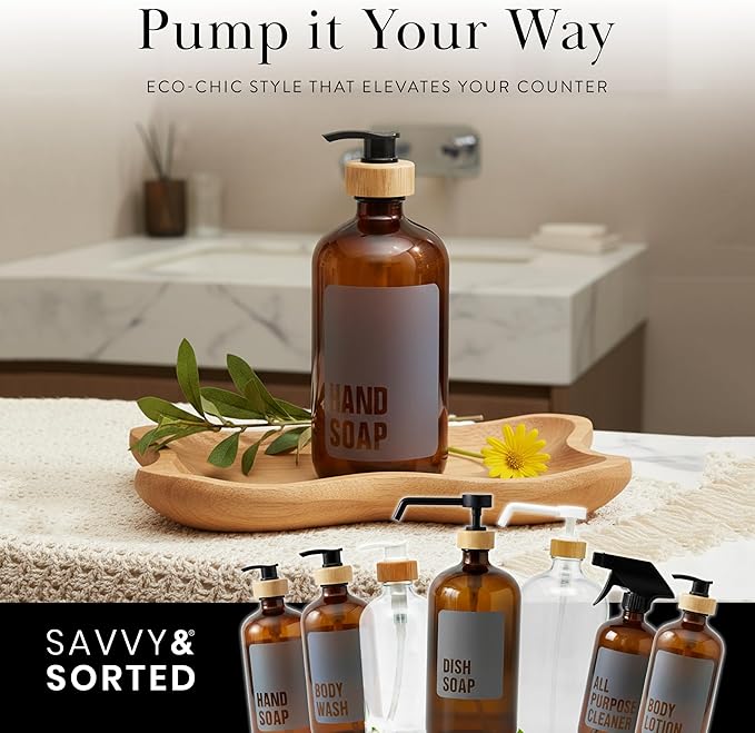 SAVVY & SORTED Amber Glass Hand Soap Dispenser for Bathroom, Kitchen Hand Soap Bottle with Label, Refillable Glass Bottle for Liquid Wash, Matching Dish Soap Dispenser Available, 17 Fl Oz / 500 ml