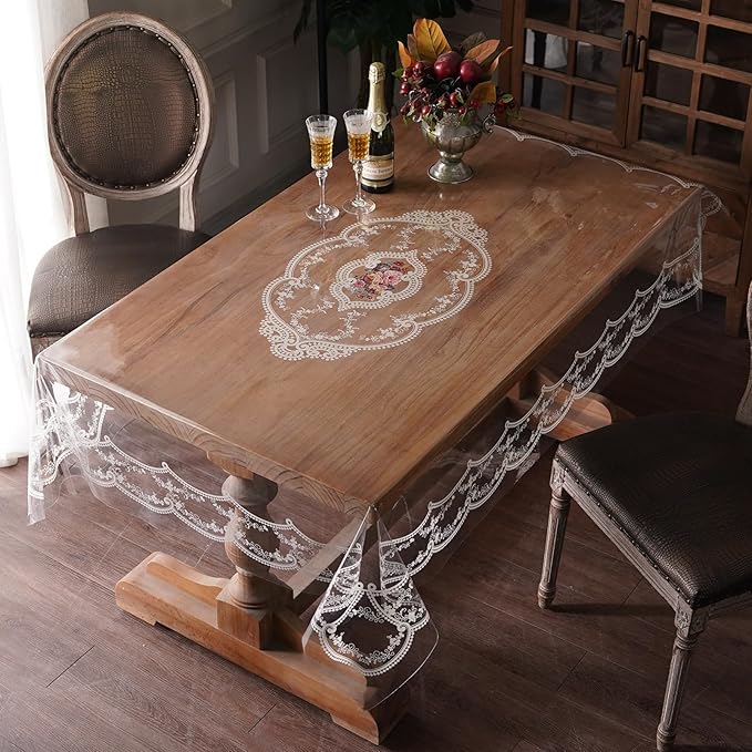 Clear Table Cover Protector Plastic Vinyl Table Cloth with White Lace Pattern Oil Spill Proof Plastic Tablecloths for Dining Tables Parties Holidays (French Lace, 60 x 104 Inches)