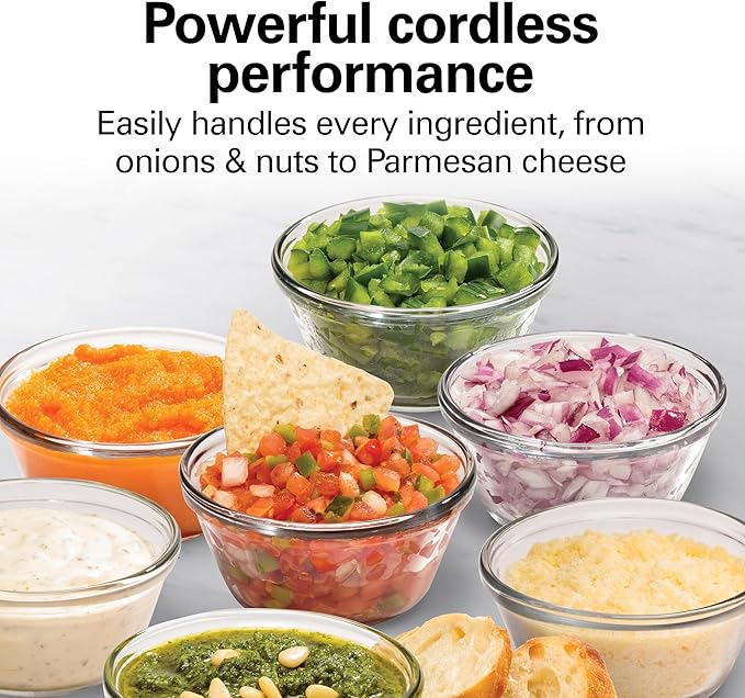 Hamilton Beach Powerful Cordless Mini Food Processor and Vegetable Chopper, 4 Cup Capacity, Fast Recharging, Includes Power Adapter, Chop, Puree, Emulsify, Grind, Dishwasher Safe Bowl, Black (72880)