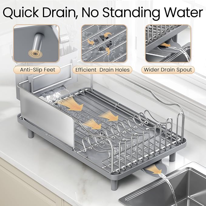 Dish Drying Rack Large Capacity - Stainless Steel Dish Rack for Kitchen Counter with Drain Board, Rustproof Dish Drainer with Auto Drain Spout Utensil Holder Glass Holder, Dinnerware Organizer, Gray