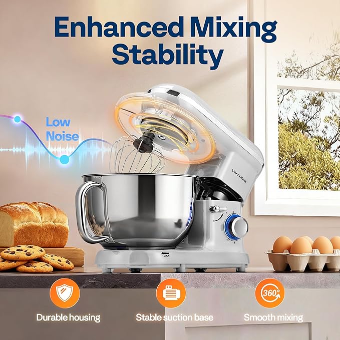 VIVOHOME Stand Mixer, 660W 10 Speed 6 Quart Tilt-Head Kitchen Electric Food Mixer with Beater, Dough Hook, Wire Whip and Egg Separator, Silver
