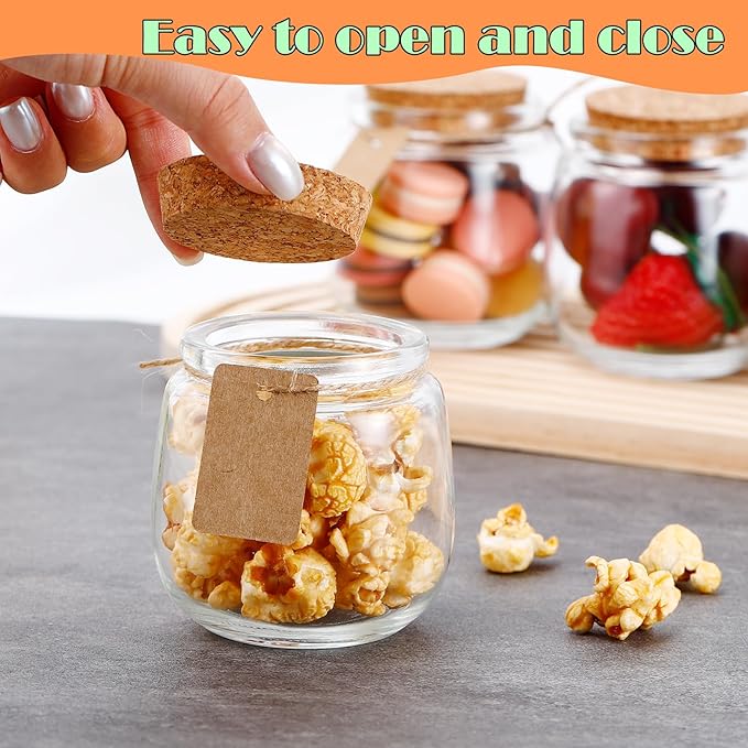 40 Pack Small Glass Jars, 7oz Mini Yogurt Jars with Cork Lids and PE Lids, Small Bottles with Label Tag and Twine, Glass Pudding Jar for Wedding Favors, Baby Shower, Milk, Jam, Honey