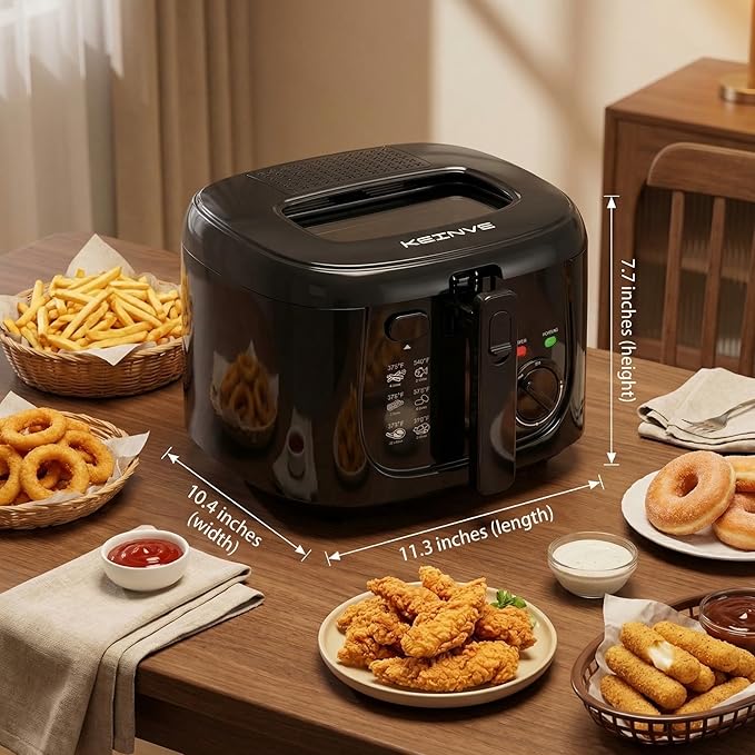 KEINVE 1500W Electric Deep Fryer with 3 Temperature Settings, 2.5L Oil Fryer with Non-Stick Basket & Viewing Window, Folding Handle and Locking Cover for Easy Storage, Black
