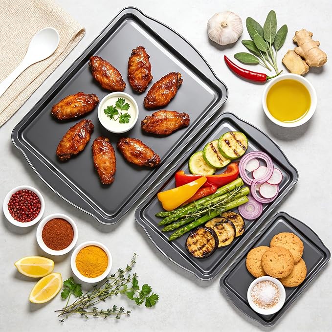 Baking Sheet Set of 3 - Carbon Steel Cookie Sheet for Baking, 17/15/13 Inch, Nonstick Baking Pan with Dual Handles, Stackable, Rust & Warp Resistant, Perfect for Baking, Roasting, and More