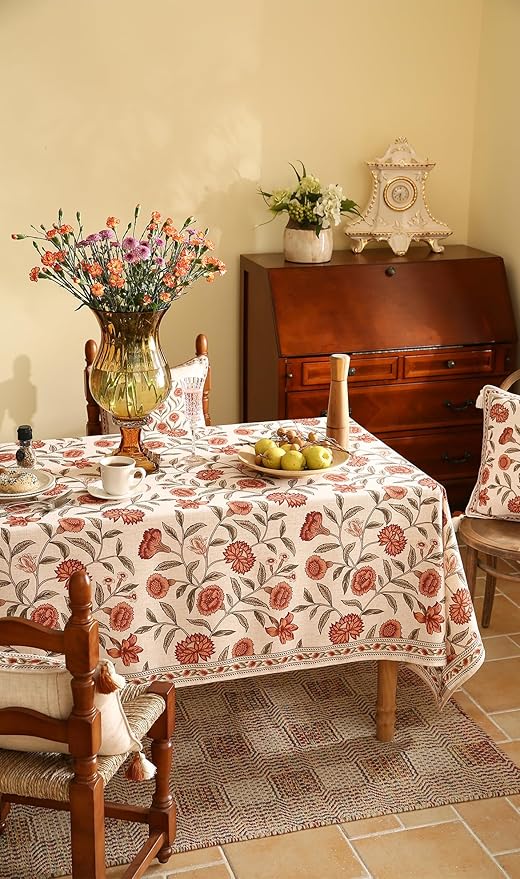 ISAENNE Designer French Table Cloth for Rectangle Table,Linen Orange Floral Pattern Indoor Tablecloth,Wrinkle Resistant Decor Table Cloth for Dining Thanksgiving Kitchen,55"*79"-Alvarado D
