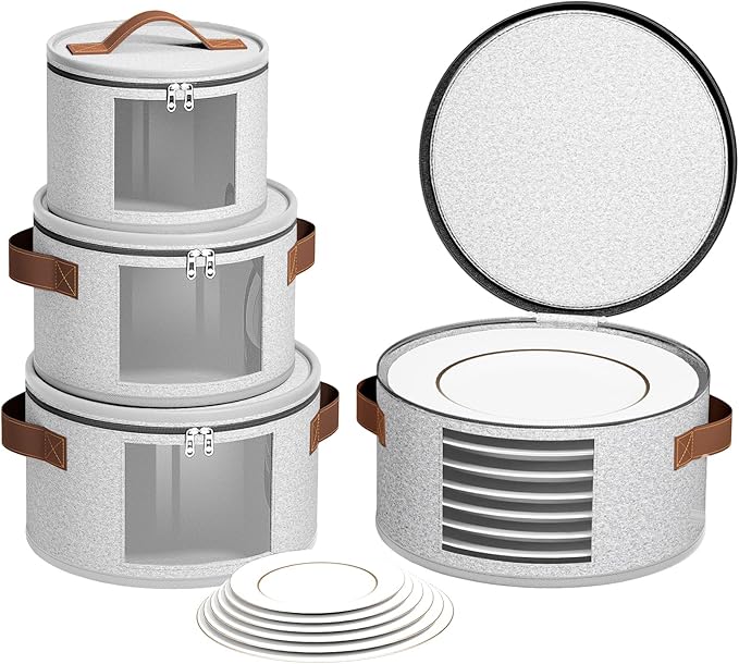4 Piece China Storage Containers, Dish Storage Containers with Clear Windows, Hard Shell Plate Organizer with Handles, Stackable Stemware Storage Cases, Moving Boxes for Dishes, Plates, Light Gray