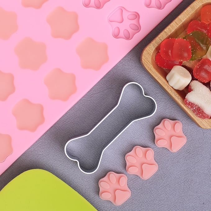Mini Paw Print Silicone Molds, 69 Cavities Food Grade Pawprint Mold for Chocolate, Candy, Jelly, Gummy, Dog Treats, Cake Décor, Snack Biscuits (with a Scraper)