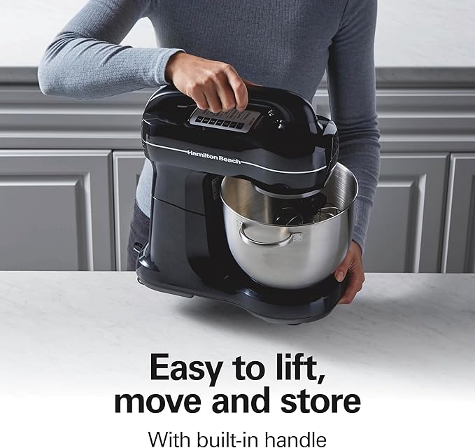 Hamilton Beach Electric Stand Mixer, 4 Quarts, Dough Hook, Flat Beater Attachments, Splash Guard 7 Speeds with Whisk, Easy-Carry Top Handle, Black