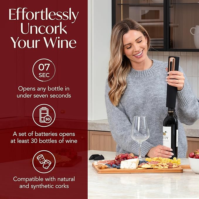 Rechargeable Electric Wine Opener + Battery Powered Electric Wine Opener Gift Bundle Set (Black & Rose Gold)
