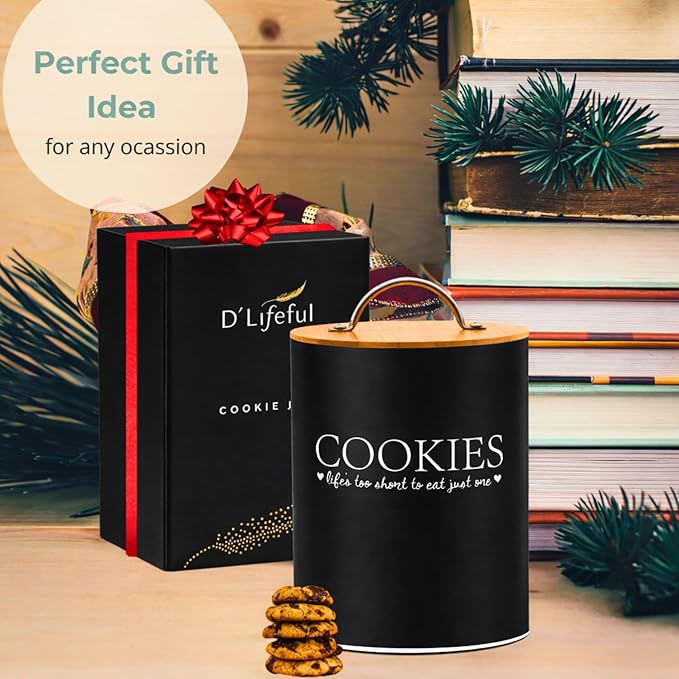 D'Lifeful Cookie Jar with Airtight Bamboo Lid – 1.1 Gallon Cute and Decorative Cookie Storage for Kitchen Countertop – Farmhouse Storage Tin for Freshness – Great Gift Idea (Black)