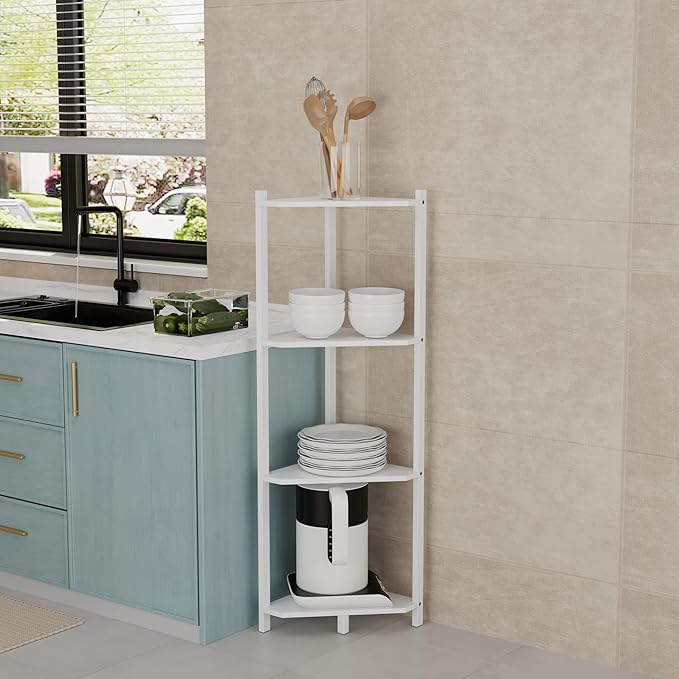 Wisuce Corner Shelf, 100% Real Bamboo Shower Corner Shelves Free Standing Shelf Storage Organizer for Bathroom Living Room Kitchen (White, 4 Tier)