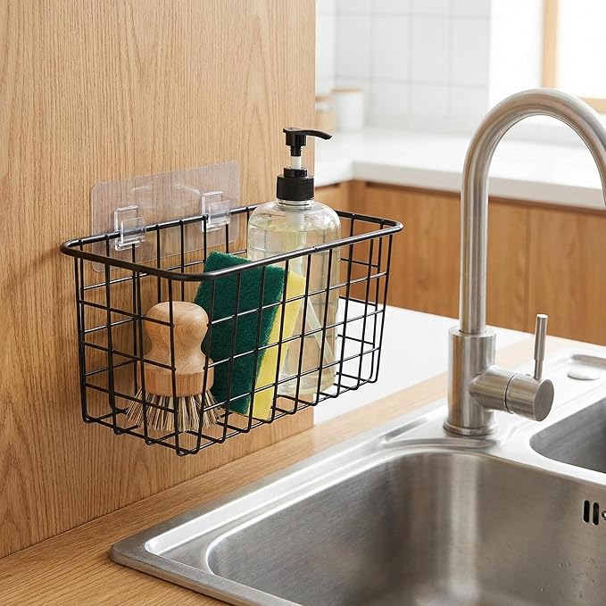2 Set Adhesive Hanging Wall Basket Inside Cabinet Door Organizer,Wall Storage Basket-No Drilling Adhesive wall Basket for Cupboard Door,Space-Saving Small Hanging Baskets for Wall Mount Storage,Black