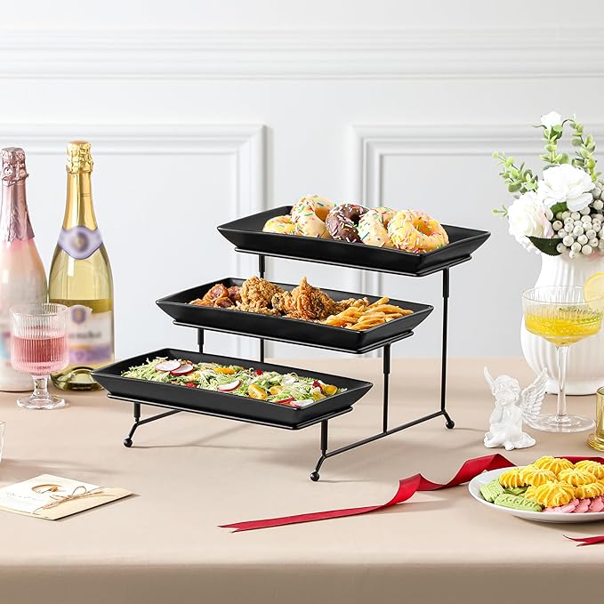 MALACASA 3 Tier Serving Tray, Porcelain Tiered Serving Trays Platters, 12 Inch Serving Stand with Platters,Black Dessert Stand with Collapsible Sturdier Metal Rack,Series PLAT