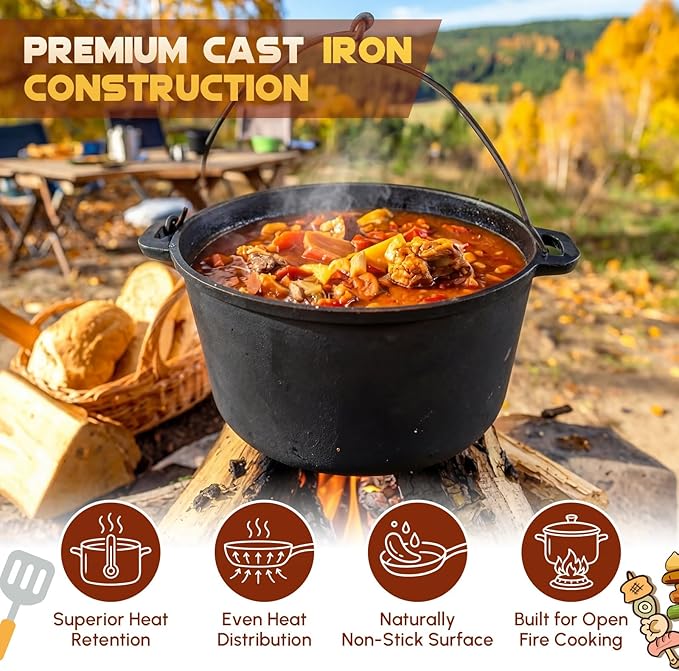 Geetery 15 Pcs Pre-seasoned Cast Iron Cookware Set, Dutch Oven Camping Accessories Kit with Skillet, Pan, Pot, Gloves, Lid Lifter, Storage Bag, Scrubber for Kitchen Ourdoor Campfire Grill BBQ Cookware