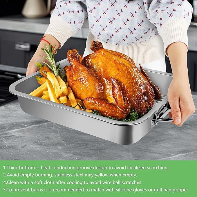 Stainless Steel Turkey Roasting Pan,Heavy Duty Nonstick Surface Roaster Pan Christmas Rectangular Lasagna Cake Baking Pans with Rack,Meat Claws, Turkey Fork,Silicone Brush,Tender Meat Needle