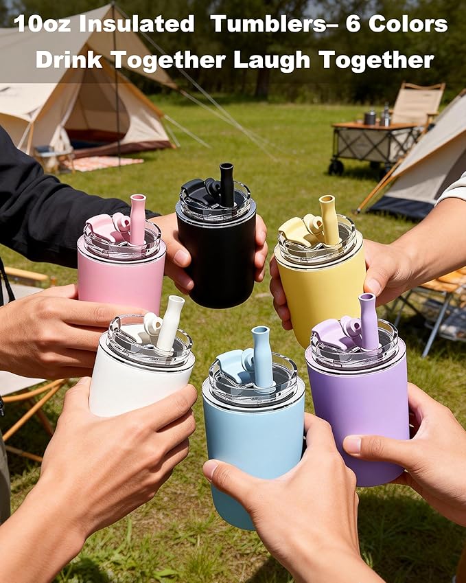 6 Pack 10 oz Insulated Coffee Tumblers, Travel Coffee Tumblers with Straw, Double-Wall Stainless Steel Tumbler, Leak Proof Tumbler, Reusable Cups with Lids for lced and Hot Drinks