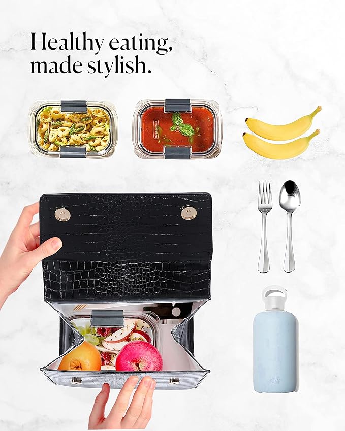 BEAUTYGOODIES - Large Insulated Lunch Bag, Black Croc Purse and Bag for Work, Lunch and Picnics. Designer Croc with Vegan Leather, Classy, Insulated Lunch Tote Bag for Women. Cute and a Great Gift !