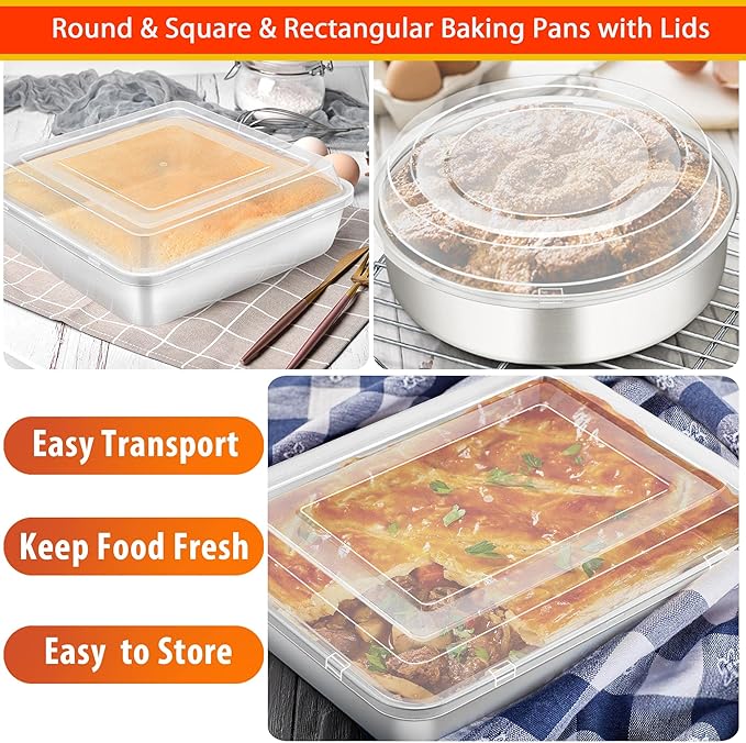 TeamFar Stainless Steel Bakeware Sets, Baking Sheet with Rack, Toaster Oven Pan & Pizza Pan, Lasagna Pan with Lids, Square & Round Cake Pan with Lids, Muffin & Loaf Pan, Healthy