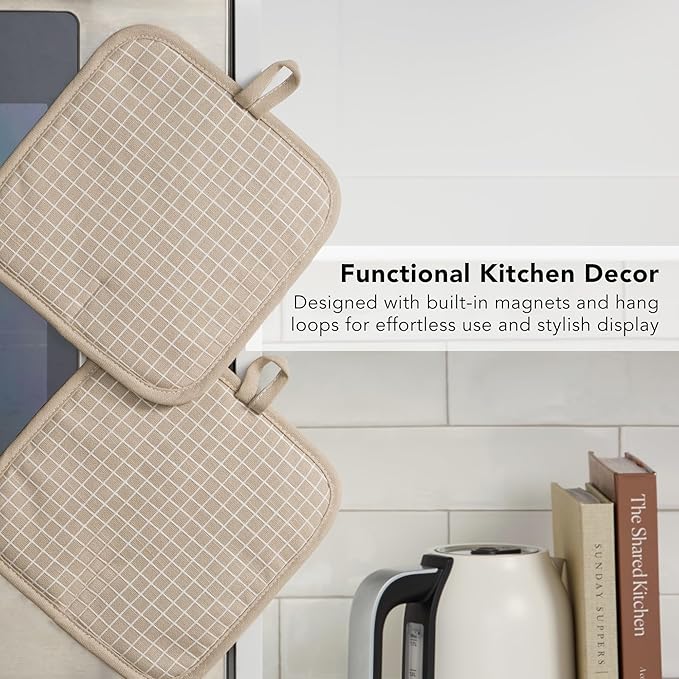 KITCHENAID Gourmet Series Gridlines Pot Holders 2-Pack Set, Heat Resistant up to 600°F, Soft Silicone Grip, Magnetic Cuff, Milkshake Tan, 8"x8"