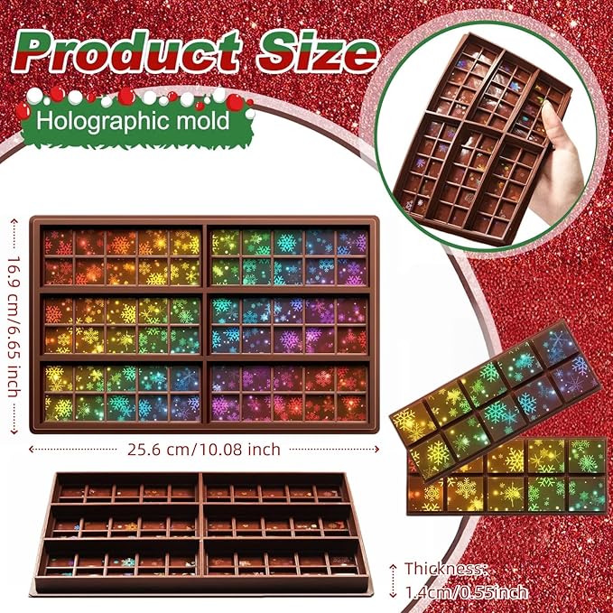 Ziliny Snowflake Holographic Chocolate Bar Mold Silicone, Rainbow Light Effect Chocolate Bar Deep Thick Molds for DIY Candy Dessert Baking, Candy, Wax Melts, Cake Decoration (Square)