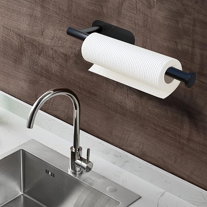 DEKAVA Under Cabinet Wall Mount Paper Towel Holder, Self-Adhesive Bar, Stainless Steel 13 inch (Black, 2)