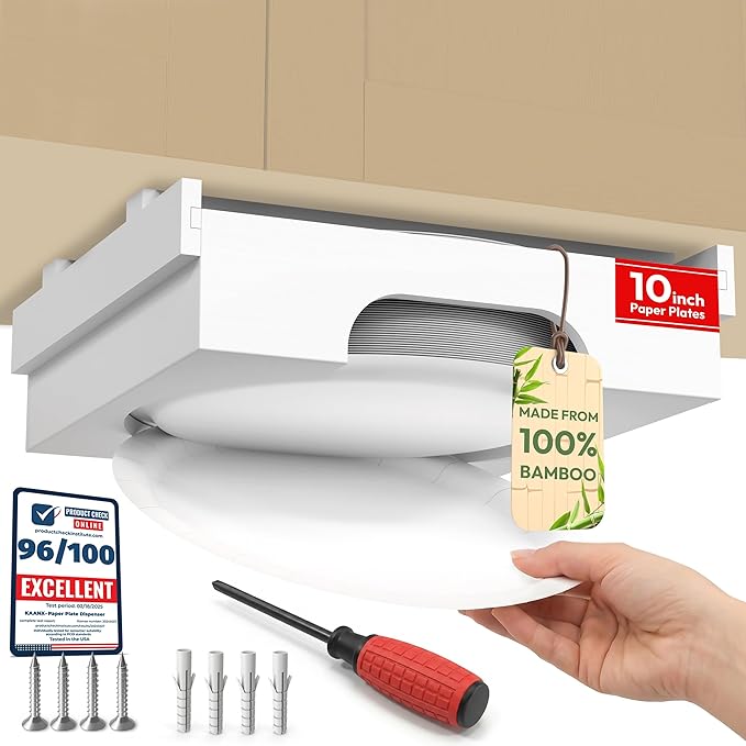 10 inch Paper Plate Dispenser Holder Bamboo Under Cabinet Vertical Rack for Kitchen Countertop Organizer Space Saver Shelf Lid Holder Counter Storage Can Dispenser Pantry Aid Caddy Estante (White)