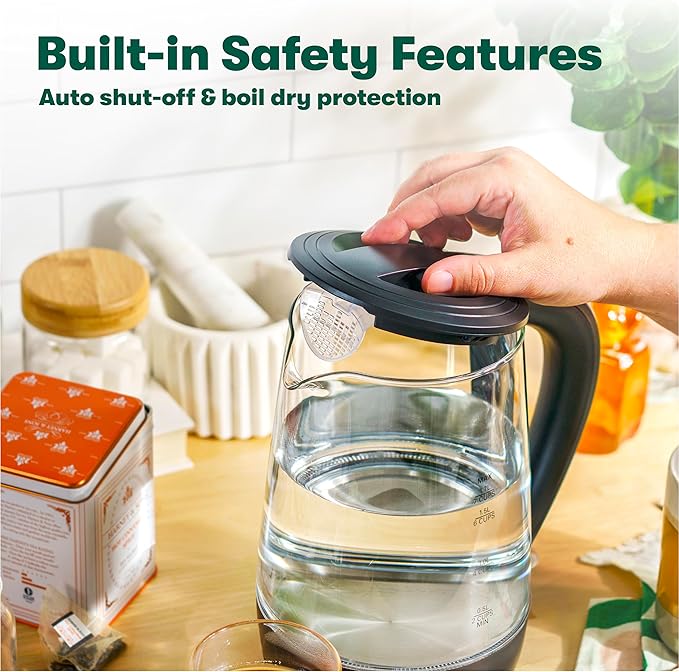 bella 1.7 Liter Glass Electric Kettle, Quickly Boil 7 Cups of Water in 6-7 Minutes, Soft Blue LED Lights Illuminate While Boiling, Cordless Portable Water Heater, Carefree Auto Shut-Off, Black