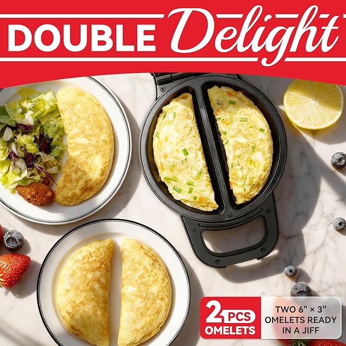 SugarWhisk Flip Omelette Maker Electric, Omelette Pan Nonstick for 2 Individual 6.5" Omelets, Cooking Gadgets for Home, Omelet Maker with Ceramic Coating, Graphite