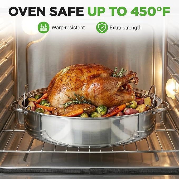NutriChef 20" Oval Roasting Pan with Rack and Lid - Premium Stainless Steel Roaster Dish w/ Wide Handles & Removable Rack, Multi-Use Cookware for Turkey, Chicken, Stews, & More - Dishwasher Safe